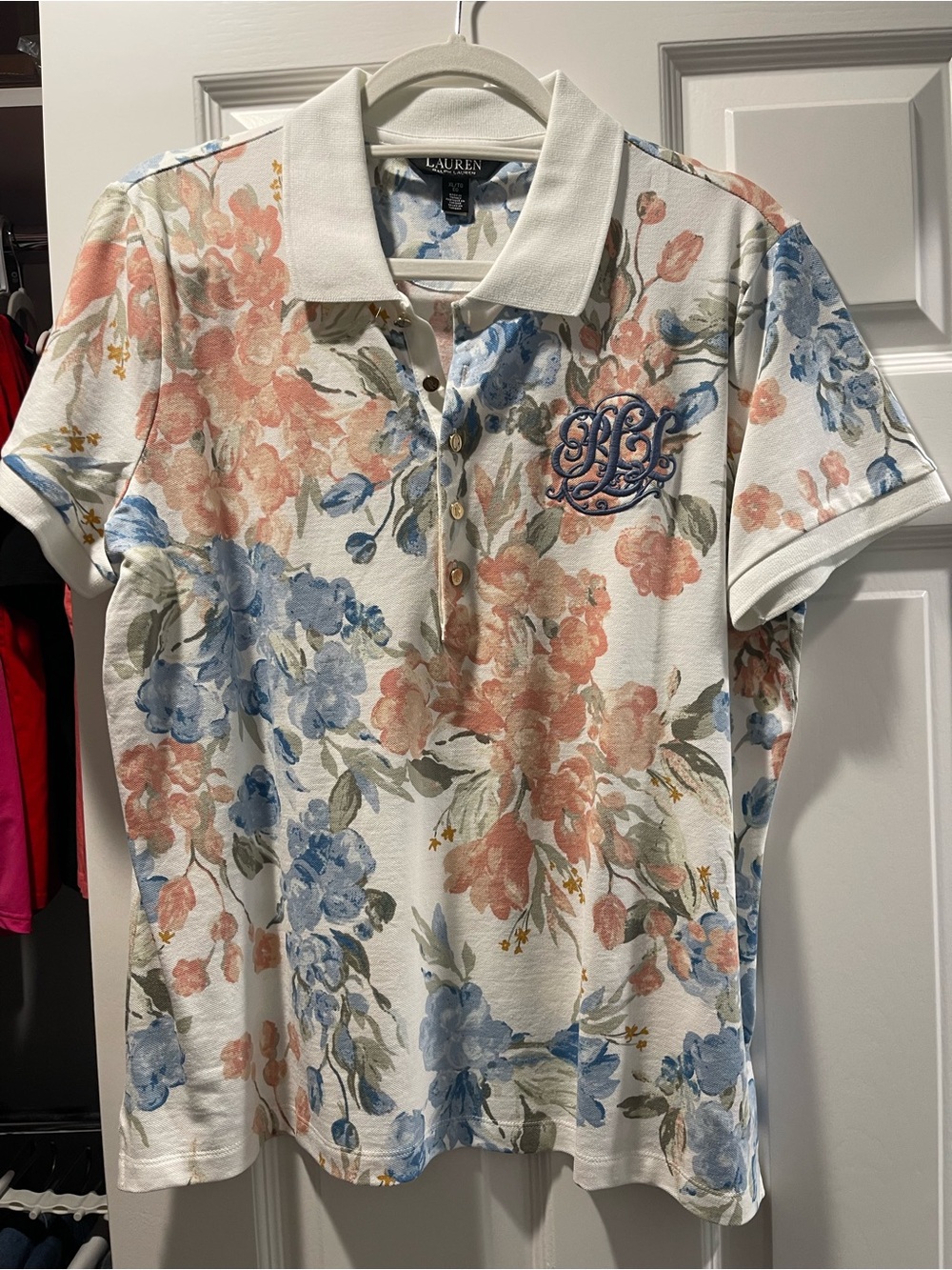 Ralph Lauren Floral Polo - Cream with Blue & Coral Flowers